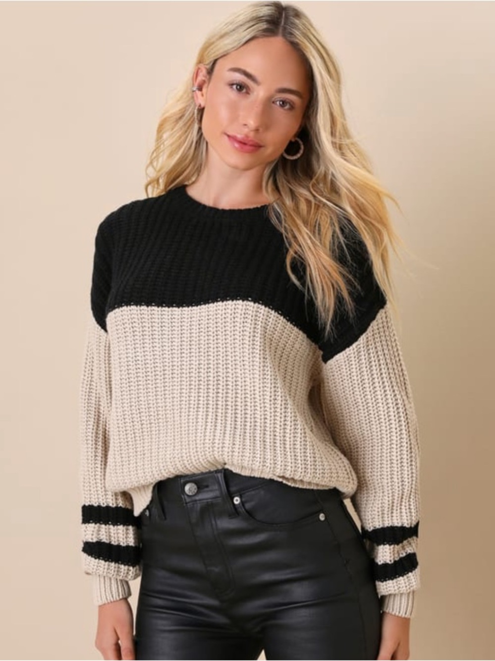 Z Supply Lyndon Beige and Black Knit Color Block Crewneck Pullover Sweater